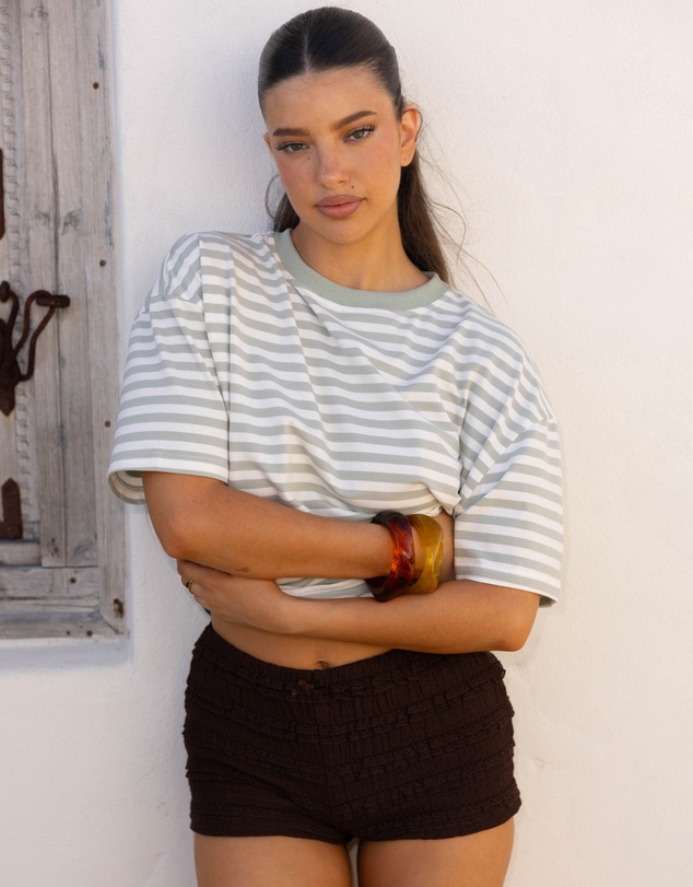 Beginning Boutique - Alba Sage Stripe Oversized Tee