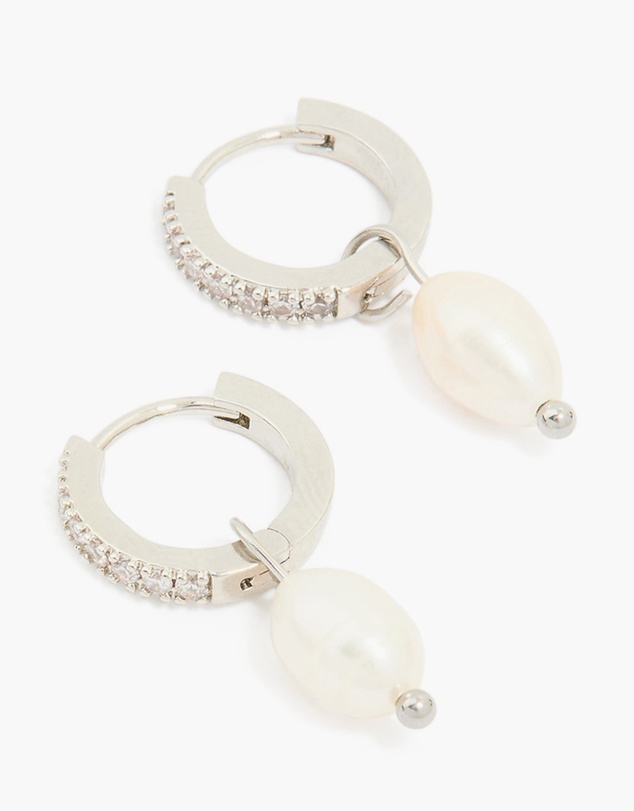 Lovisa - Waterproof Stainless Steel Diamante Freshwater Pearl Drop Huggie Earrings