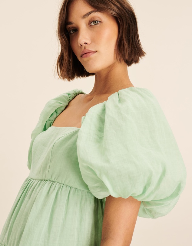 AERE - Puff Sleeve Pleated Hem Mini Dress