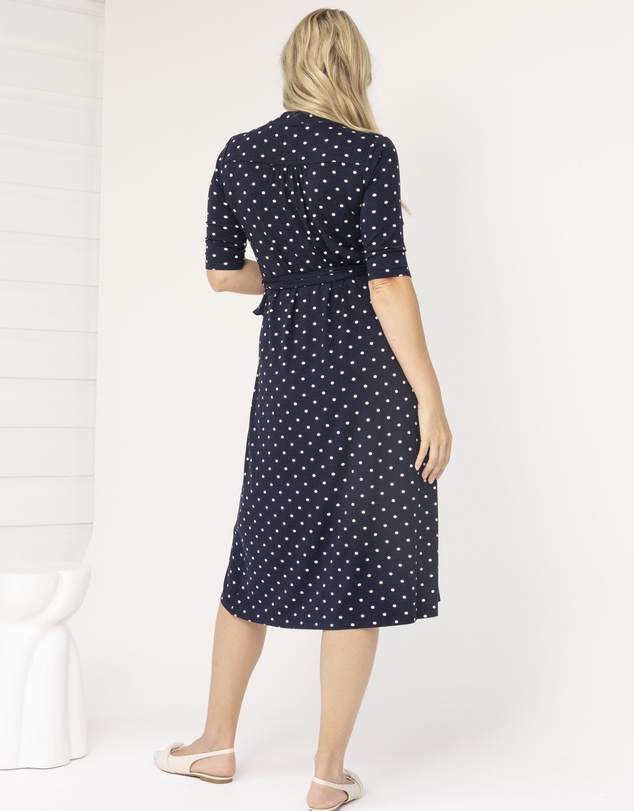 Angel Maternity - Eve Maternity Midi Wrap Dress in Navy Polka Dots