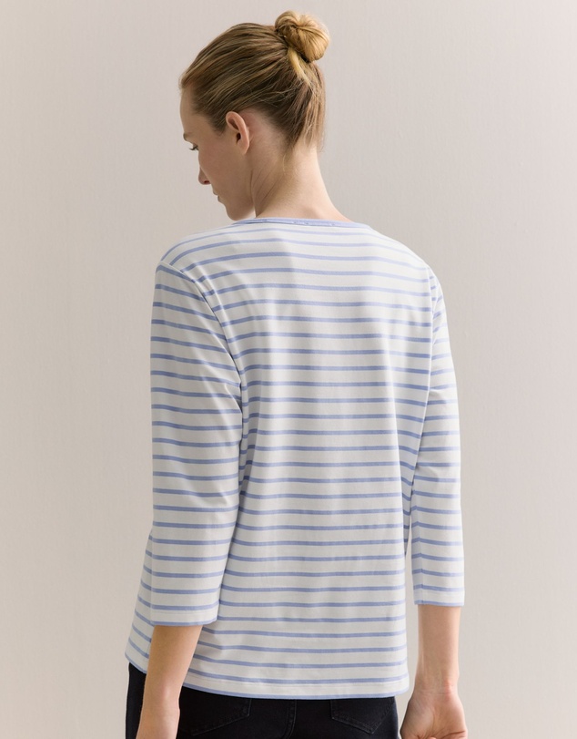 Trenery - Cotton Stripe 3/4 Sleeve T-shirt in Cornflower Blue