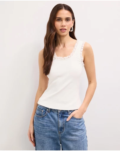 The Fated - Kaitlyn Embroidered Polkadot Frill Rib Tank