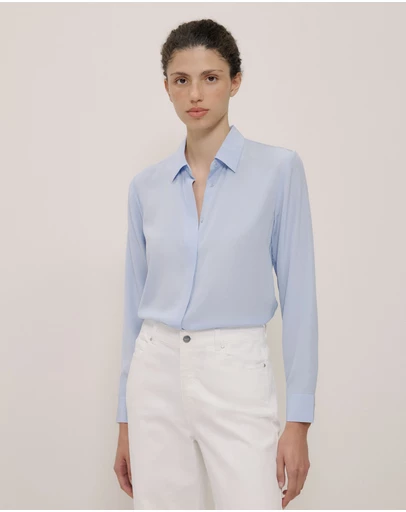 Trenery - Silk Concealed Placket Shirt in Blue Marble