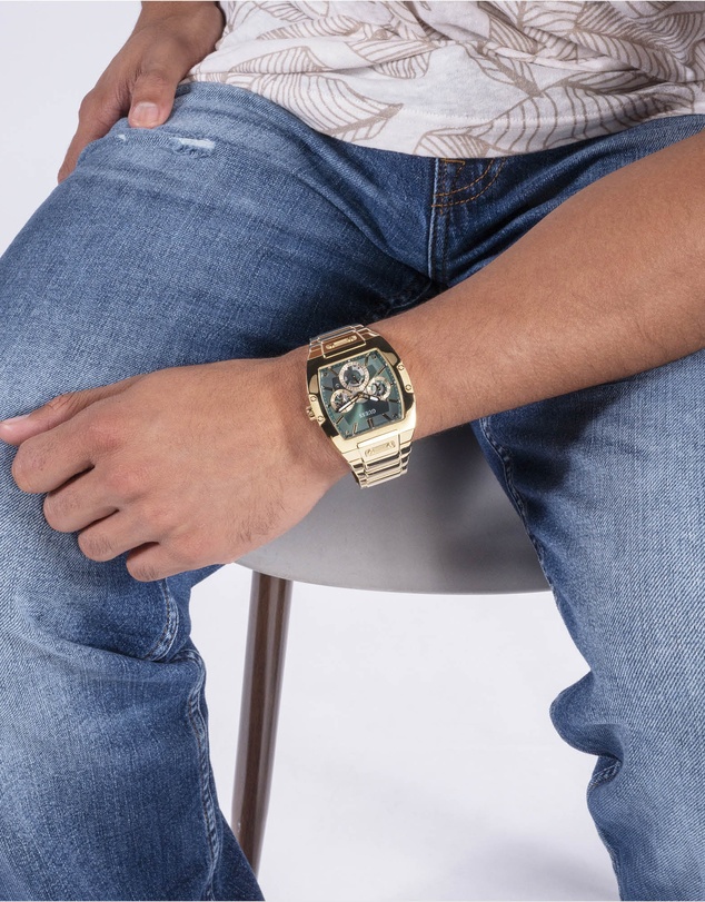 GUESS - Guess Gents and Ladies Set - Phoenix Gold Tone & Green & Veda Ladies Gold Tone Analogue