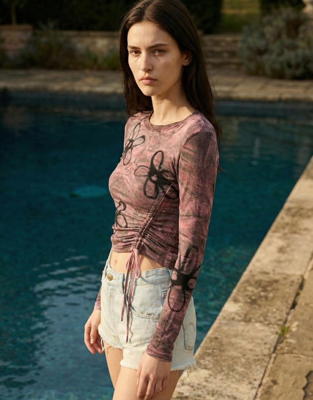 THE TALES - Hand Sprayed Flower Bamboo Ruched Top