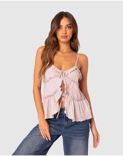 EDIKTED - Juniper Tie Front Ruffled Top
