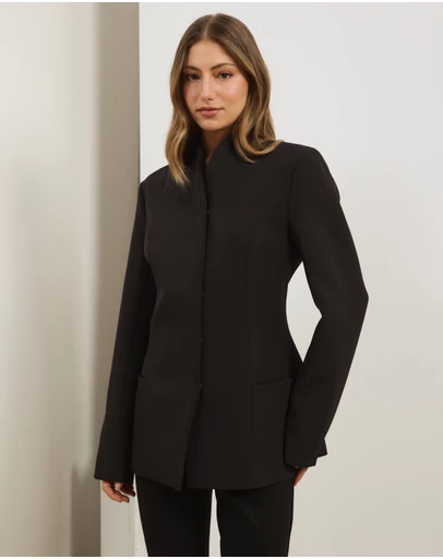 Atmos&Here - High Neck Double Breasted Blazer in Recycled Poly Suiting
