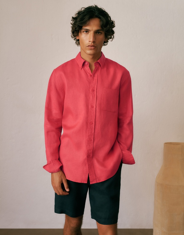 Trenery - Regular Fit Linen Classic Long Sleeve Shirt in Crimson