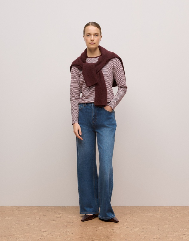 Trenery - Brushed Cotton Stripe Long Sleeve T-shirt in Espresso