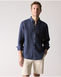 Trenery - Regular Fit Delave Linen Long Sleeve Shirt in French Navy