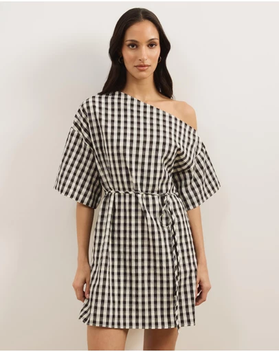 Atmos&Here - Olive Off Shoulder Gingham Mini Dress With Tie Waist