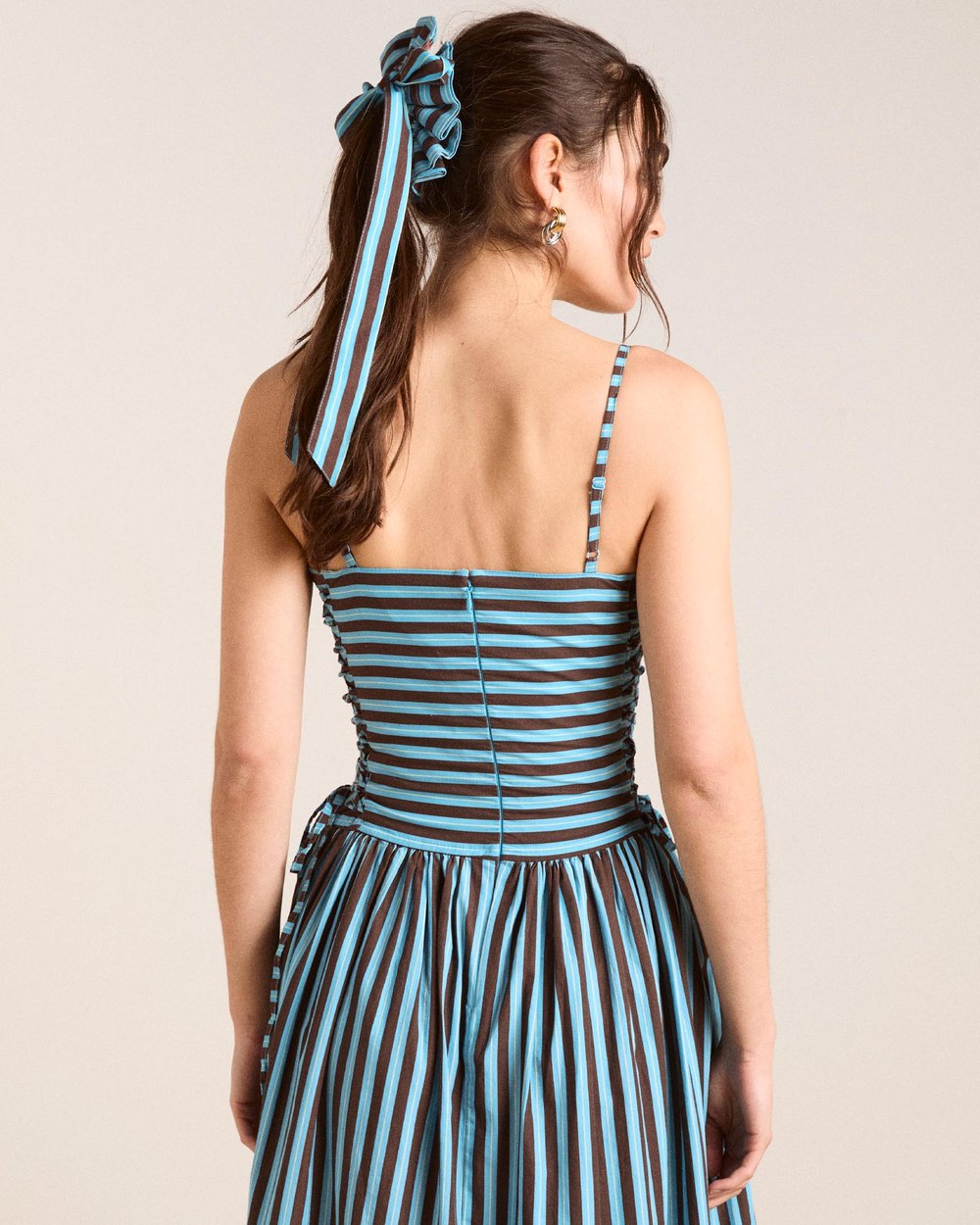 angelina midi dress blue choc stripe Cara Cara Malena Blue Stripe Seersucker Belted Midi Dress main image 0