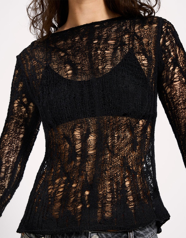 ONE TEASPOON - Cinched In Laddered Longsleeve Knit Top - Black