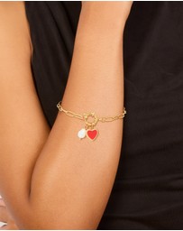 Lovisa - Waterproof Gold Plated Stainless Steel Red Enamel Heart & Pearl Charm Bracelet
