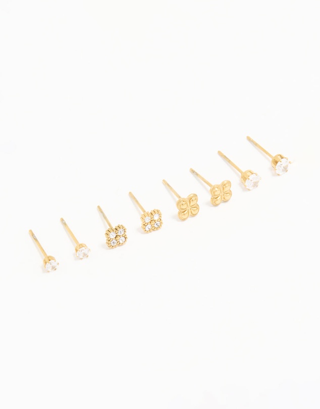 Lovisa - Waterproof Gold Plated Stainless Steel Cubic Zirconia Flower & Classic Stud Earrings 4-Pack