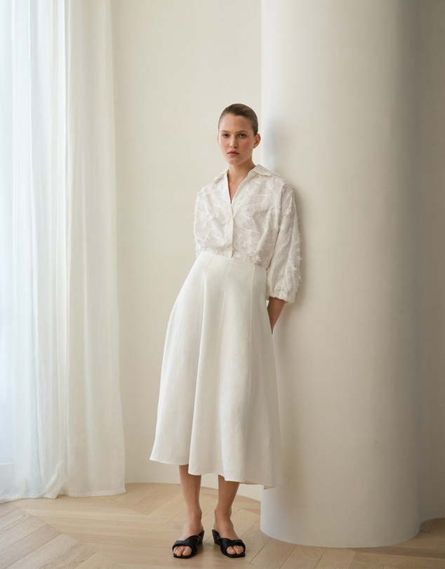 Trenery - Textured Flare Midi Skirt in Parchment