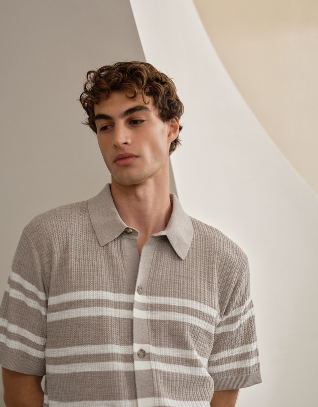 Trenery - Cotton Linen Stripe Knit Shirt in Stone
