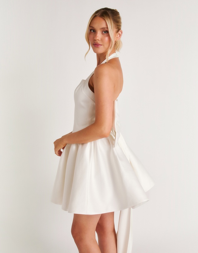 Six Stories - Halter Neck Bow Back Volume Mini Dress