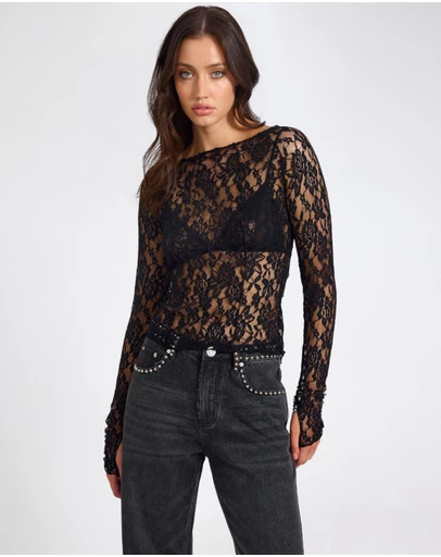 ONE TEASPOON - Wednesday Lace Long Sleeve Top - Black
