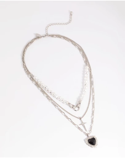 Lovisa - Silver Pearl Heart Star Layered Necklace