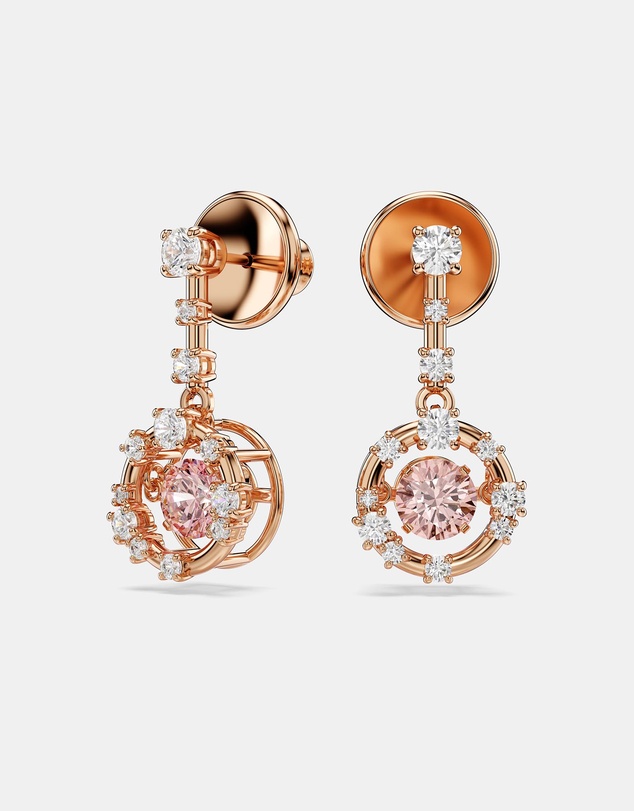 Swarovski - Constella Drop Earrings, Round Cut, Dancing Stone, Pink, Rose Gold-tone Plated