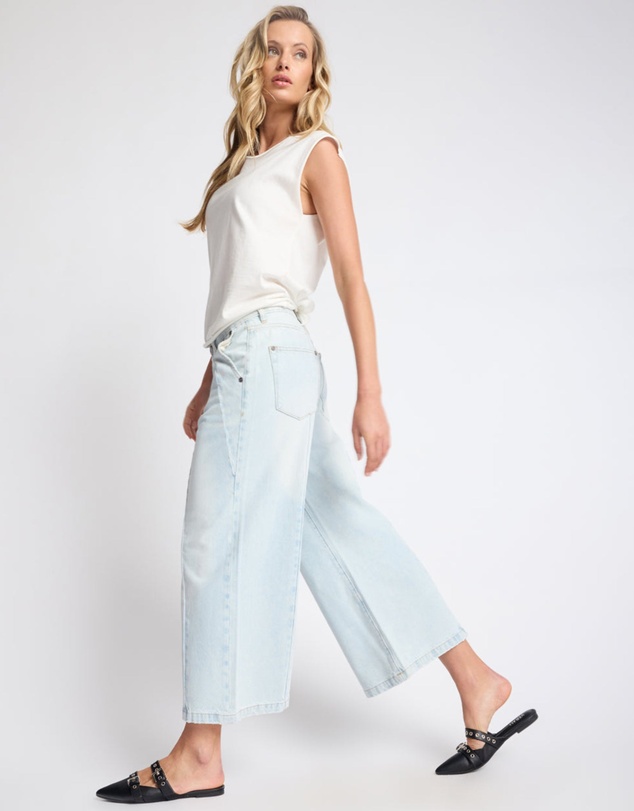 ONE TEASPOON - Hayden Mid Waist Wide Leg Cropped Denim Jeans - Bel Air Blue