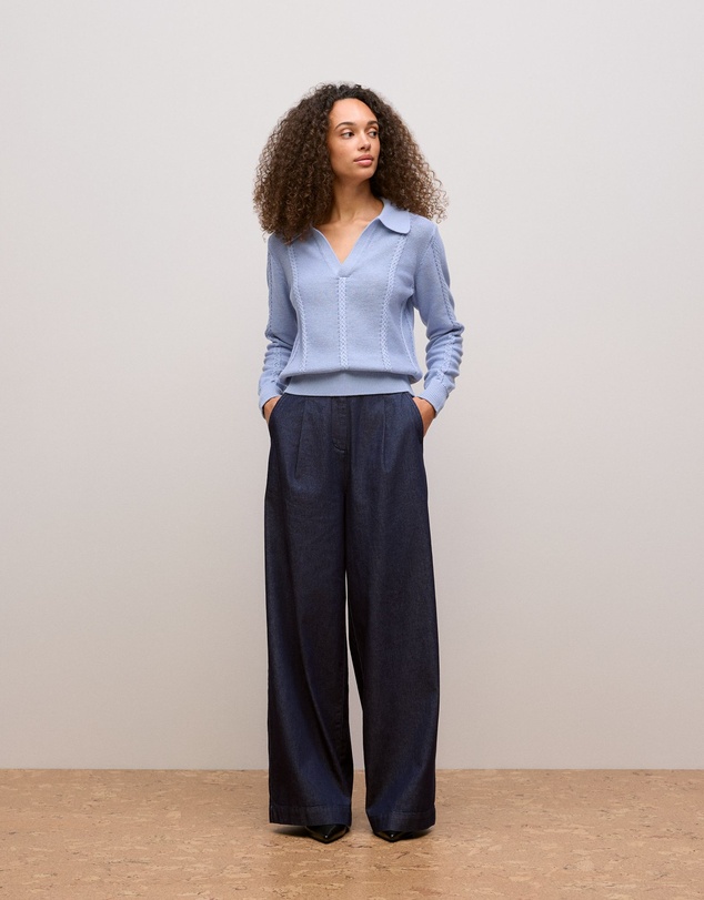 Trenery - Cotton Cable Knit Polo in Dove Blue