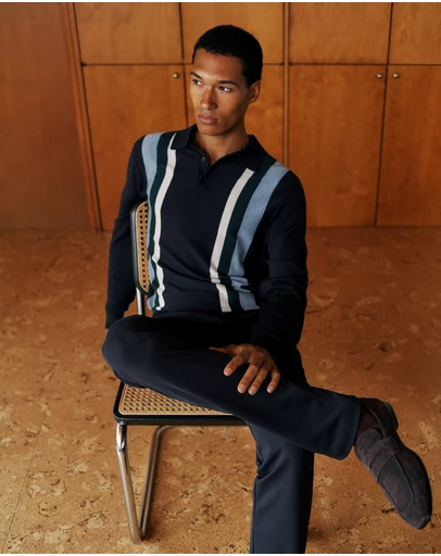 Trenery - Merino Graphic Stripe Long Sleeve Polo in Navy