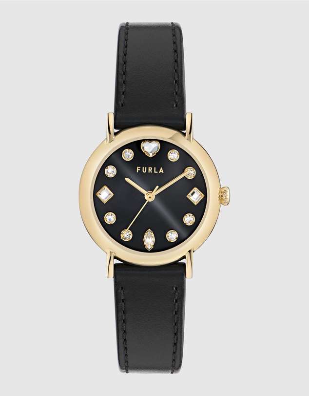 Furla - Easy Shape Yellow Gold-Tone Black Leather Strap Watch