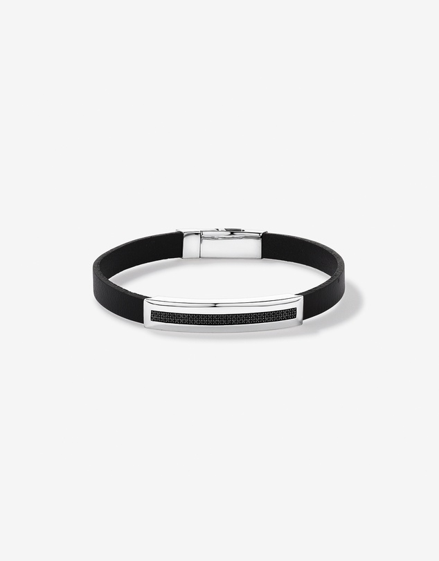 Michael Hill - Men's Silver & Leather 21cm Bracelet with 0.40 Carat TW of Black Diamonds