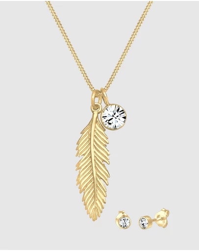 Elli Jewelry - Jewelry Set Crystal Feather 925 Sterling Silver Gold-Plated