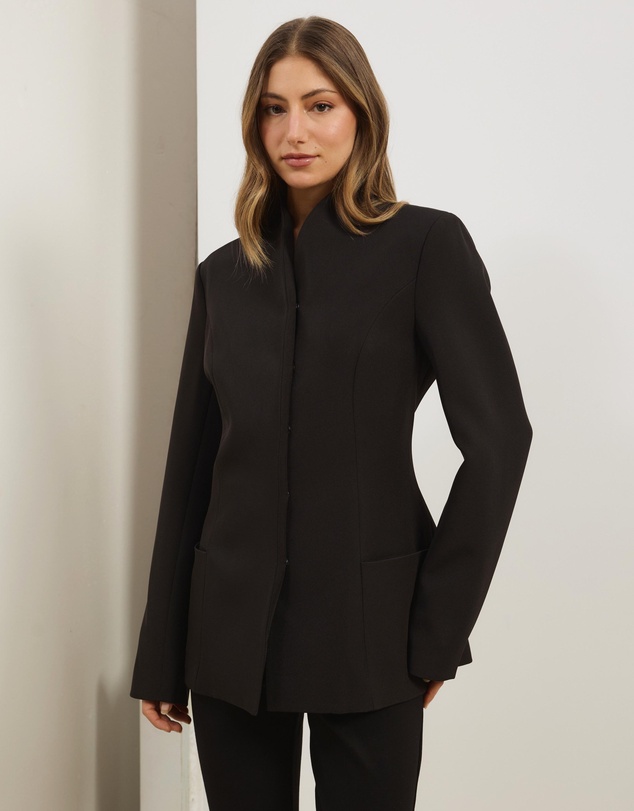 Atmos&Here - High Neck Double Breasted Blazer in Recycled Poly Suiting