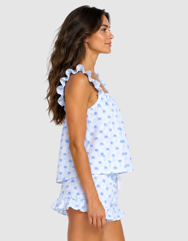 Sant And Abel - Women's Blue Palm Tree Frill Tank PJ Set