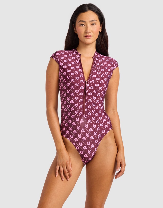 Seafolly - Batik Bloom Cap Sleeve Zip Front One Piece Swimsuit
