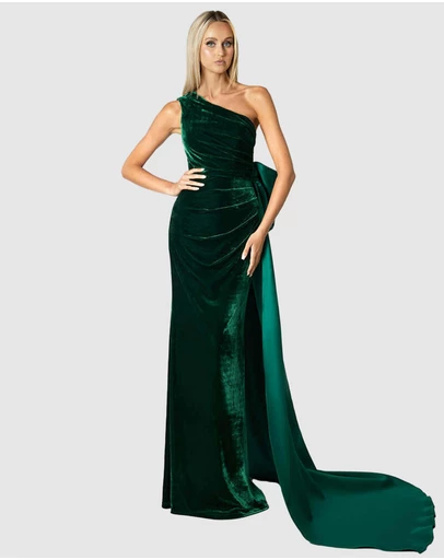 Bariano - Kalista One Shoulder Gown With Back Bow Train