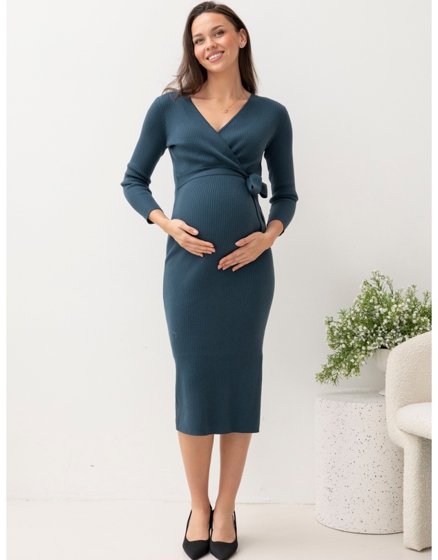 Angel Maternity - Lucille Knit Maternity Midi Dress in Dark Teal