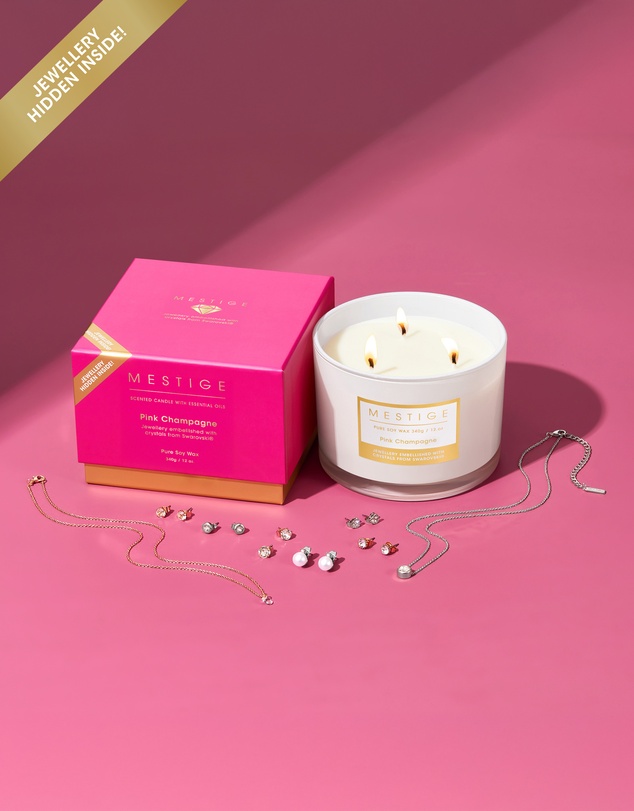 Mestige - Pink Champagne Scented Soy Candle 340g - Hidden Jewellery Embellished with crystals from Swarovski®