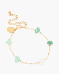 Lovisa - Waterproof Gold-Plated Stainless Steel Pearl & Green Semi Precious Stone Chip Bracelet