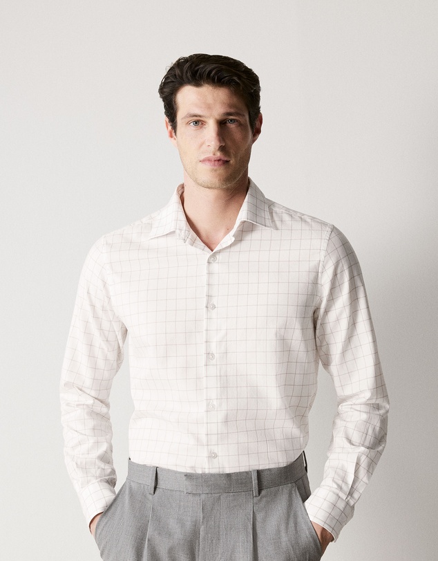 Trenery - Tailored Fit Cotton Twill Window Pane Check Shirt in White