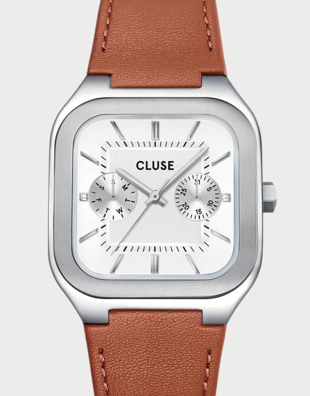 Cluse - CLUSE Quadrus Multi, Leather, Light Brown, Silver Colour