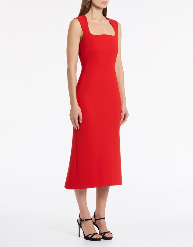 Carla Zampatti - Red Crepe Curve Neck Detail Midi Dress