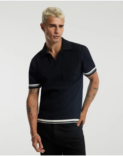 Calibre - Striped Trim Textured Knit Polo Navy