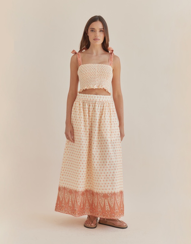 Amelius - Peach Paisley Shirred Crop Top
