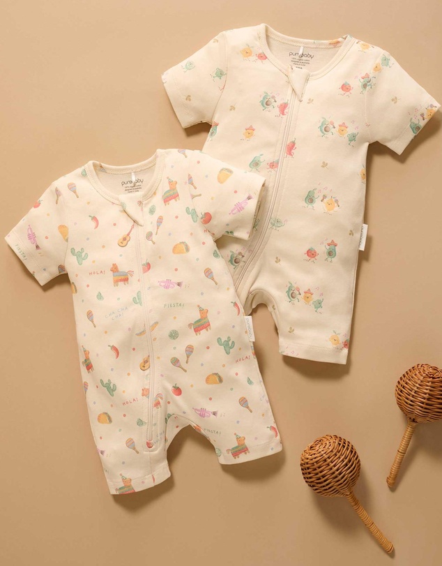 Purebaby - 2 Pack Short Sleeve Printed Growsuit -Babies