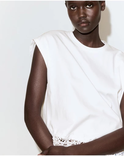 M.N.G - Cotton T-Shirt with Broderie Anglaise Embroidery