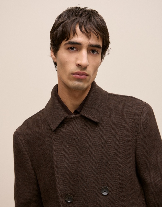 Trenery - Italian Wool Herringbone Peacoat in Coffee Bean