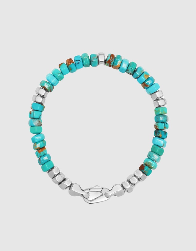Nialaya Jewellery - Men's Hexagon Beaded Bracelet with Turquoise and Silver