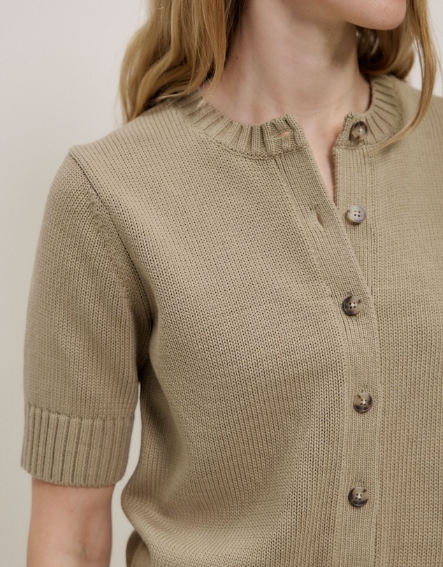 Trenery - Cotton Knit Short Sleeve Cardigan in Olive Brown