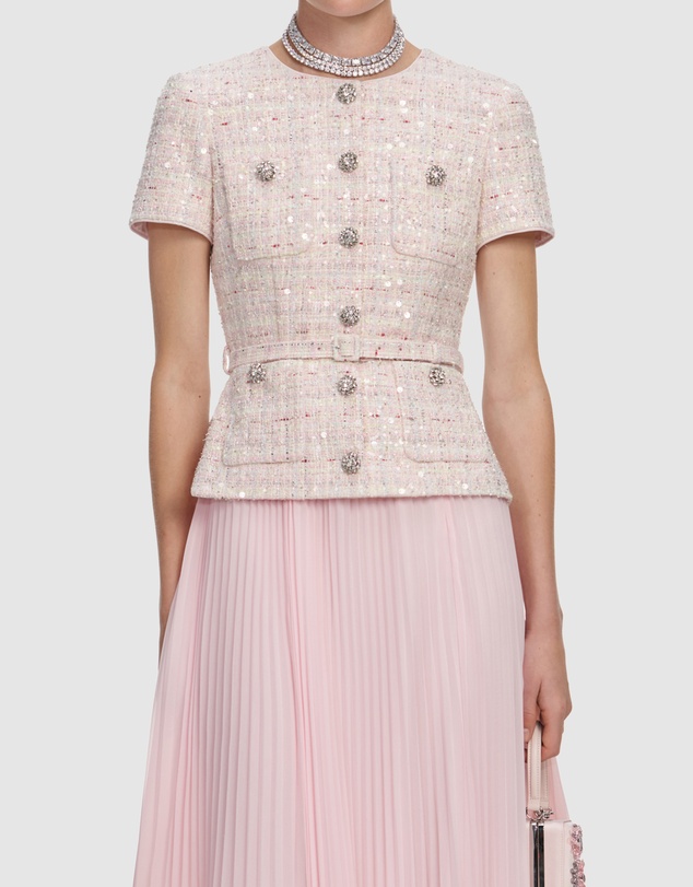 Self Portrait - Pink Sequin Boucle Tailored Midi Dress