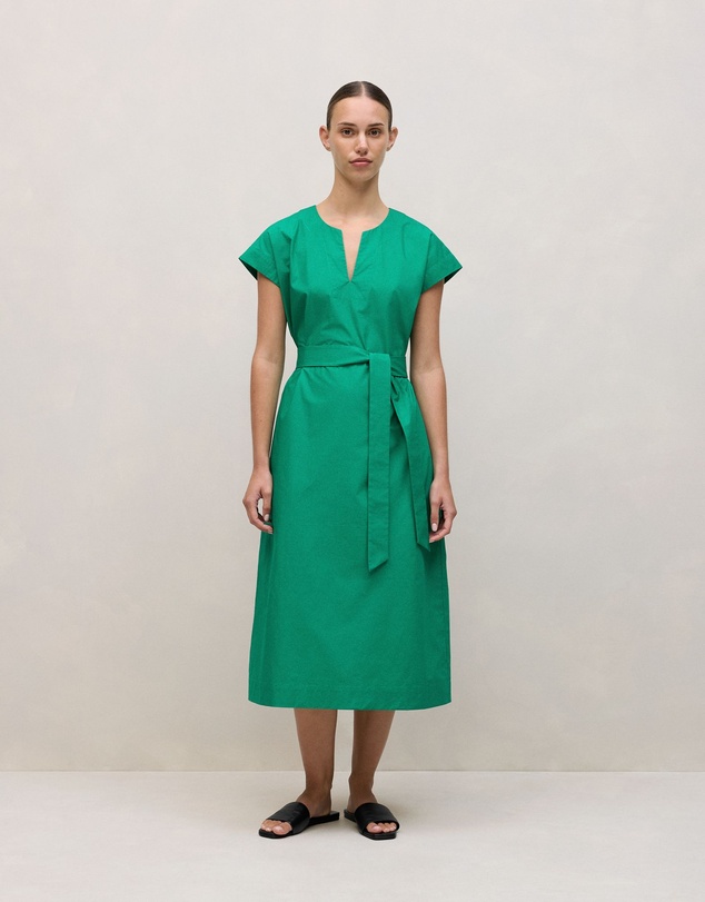 Trenery - Cotton Poplin Cap Sleeve Belted Dress in True Green